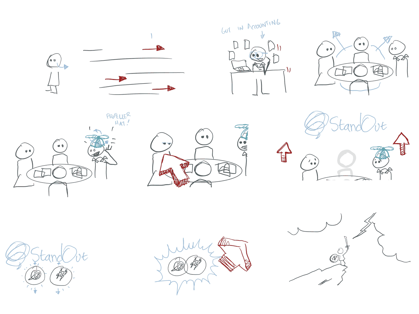 Jaqai’s rough iPad storyboard sketches for the StandOut assessment marketing video: stick figures around a table, a propeller hat, big red arrows, the StandOut logo, and a figure on a mountaintop